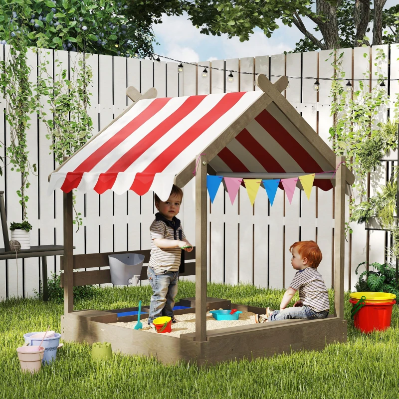Outsunny House-Designed Wooden Sandbox, Outdoor Sandpit, with Blackboard, Toys, Sink, Seats, Flags, for Ages 3-7 Years - Grey