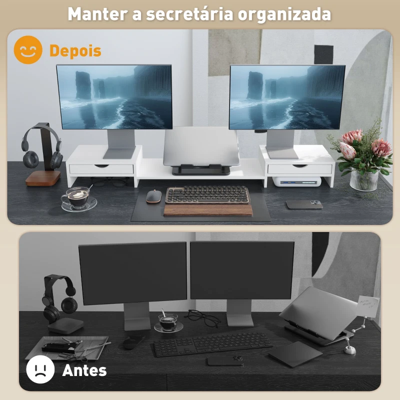 HOMCOM Suporte para Monitor com Ângulo e Comprimento Ajustável e 2 Gavetas para Escritório 60-116x22x12 cm Branco