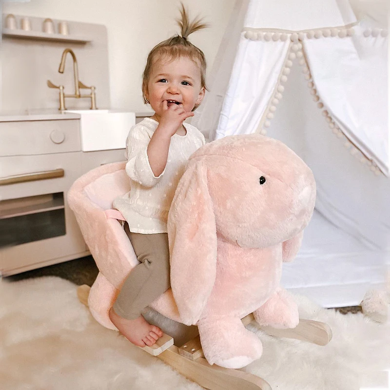 HOMCOM Kids Rocking Rabbit, Plush Rocking Horse Ride-On w/ Sound, Wood Base, Seatbelt, for Ages 18-36 Months, Pink
