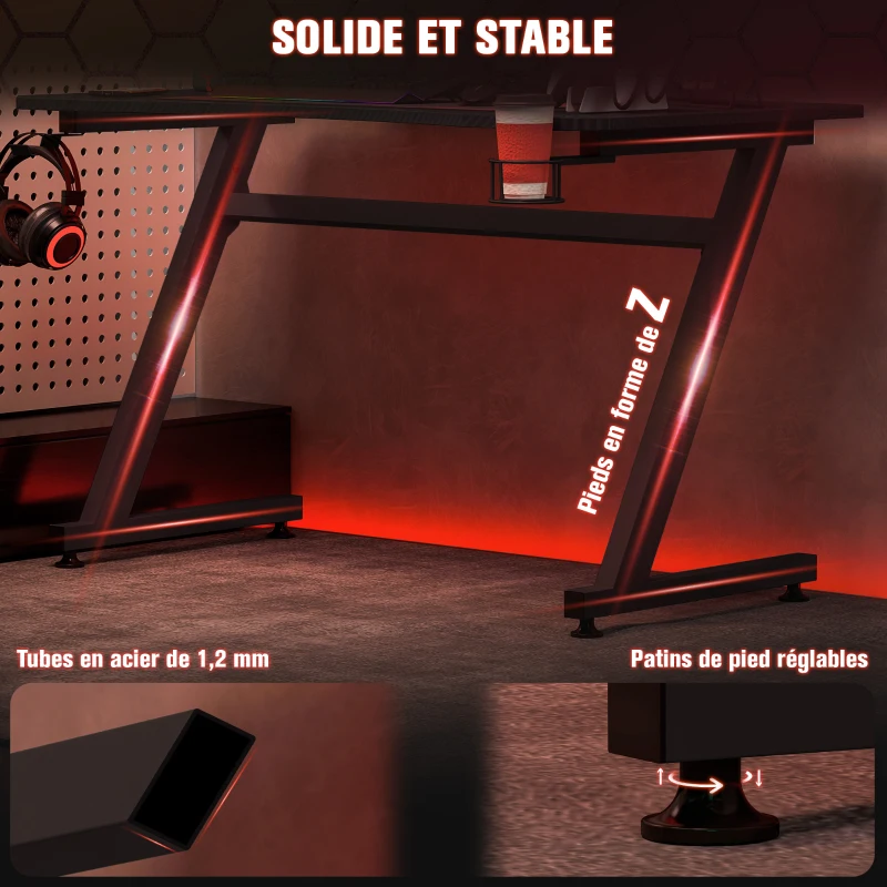 HOMCOM Bureau gaming avec support casque porte-gobelet passe-câbles inclus, pieds réglables, cadre en acier et bois, noir