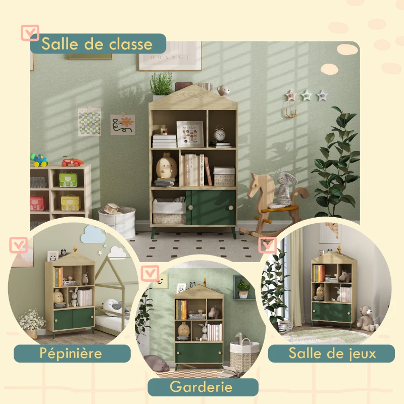 AIYAPLAY Bibliothèque et meuble de rangement jouets pour enfants, 4 étagères et placard porte coulissante, design, vert
