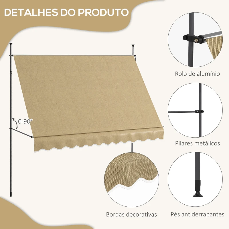 Outsunny Toldo Manual Retrátil com Manivela 300x120x210-300 cm com Altura Ajustável Impermeável para Jardim Varanda Bege