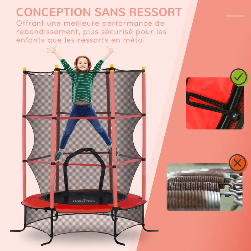 HOMCOM Trampoline Enfant Ø 1,63 × 1,9H m Filet de sécurité Porte zipée Couvre-Ressorts 6 poteaux rembourrés Inclus Rouge