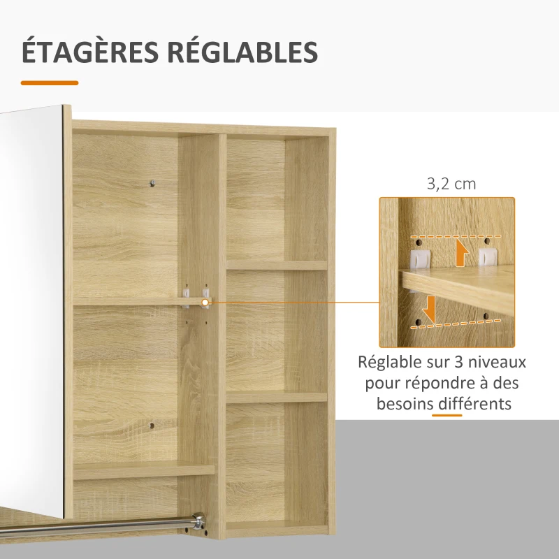 kleankin Meuble salle de bain avec miroir, armoire murale avec porte-serviettes, 3 niches, placard et étagère réglable, naturel