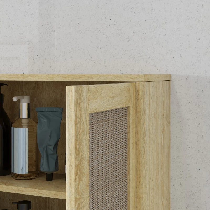 HOMCOM Wandmontage Badezimmerschrank Hängeschrank mit Doppeltüren und offenes Regal 59 x 20 x 66,5 cm Eichenholz-Effekt