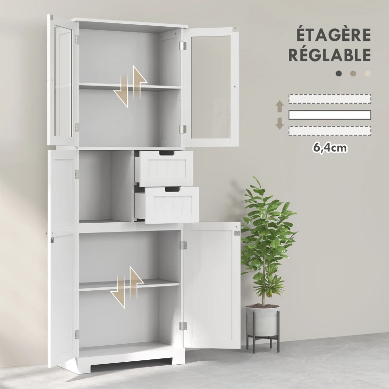 HOMCOM Meuble haut de rangement, armoire avec portes vitrées et étagères réglables pour salle de bain, cuisine, salon, blanc