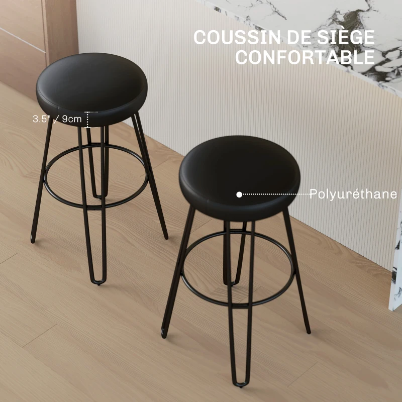 HOMCOM Lot de 2 tabourets de bar chaises de bar style industriels avec repose-pieds, pieds en U, siège rembourré, noir