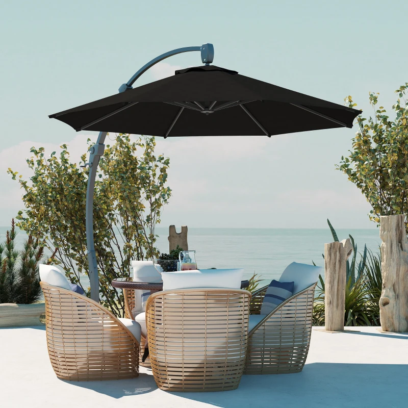 Outsunny 3(m) Garden Cantilever Parasol, Round Overhanging Umbrella with Crank Handle, Cross Base, Aluminium Frame and 360° Rotation, Banana Patio Umbrella for Outdoor Sun Shade, Black