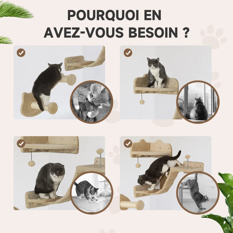 PawHut Étagères murales pour chat complet 4 pièces avec marches échelle plates-formes de saut griffoirs boule de jouet, gris