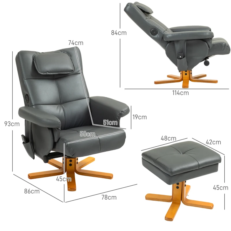HOMCOM Fauteuil de massage avec repose-pieds, dossier réglable, port de charge USB, simili cuir, jusqu'à 150 kg, Gris foncé