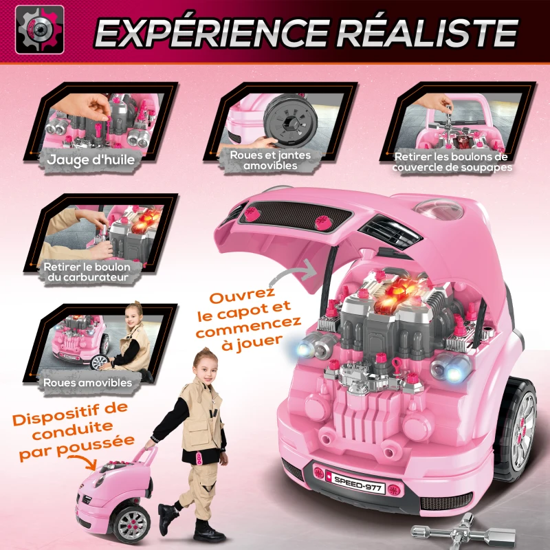 HOMCOM Camion mécano 2 en 1 jouet bricolage enfant jeu d'imitation mécanicien nombreux qccessoires total de 61 pièces rose