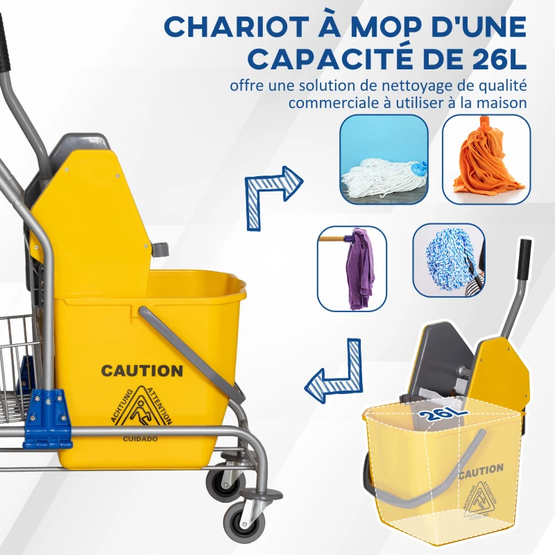 HOMCOM Chariot de lavage chariot de ménage professionnel presse à mâchoire seau 26 L + panier de rangements jaune