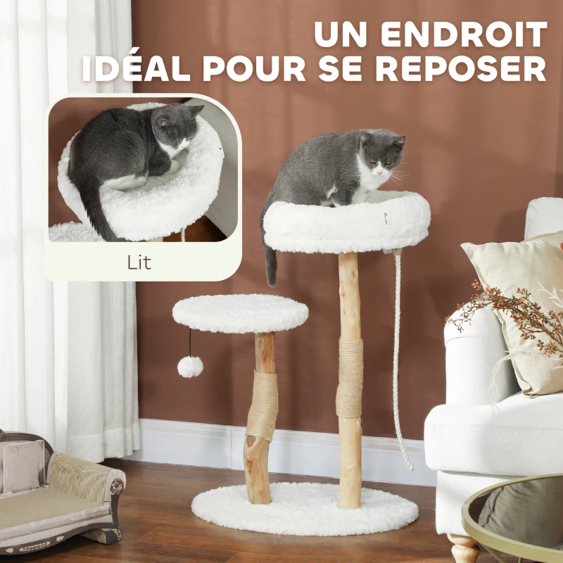 PawHut Arbre à chat arbre à grimper avec lit poteaux à griffer plateforme de saut balle et corde de jeu 58 x 40 x 85 cm blanc