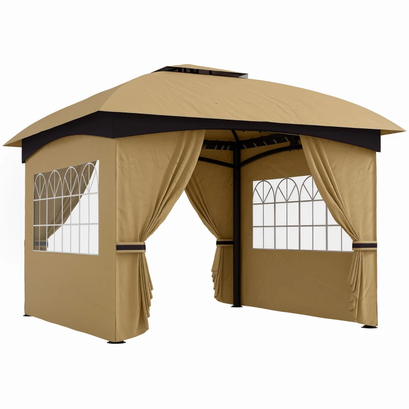 Outsunny Pavillon de jardin 3,4 x 3,4 m, chapiteau avec toit ventilé, fenêtres arquées, structure en acier, Beige