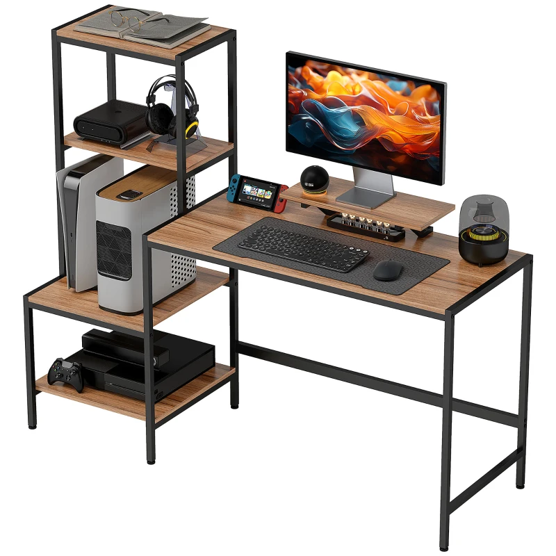 HOMCOM Bureau d'ordinateur avec Rehausseur de Moniteur, Bureau avec Étagère à Quatre Niveaux, Design Industriel, Braun