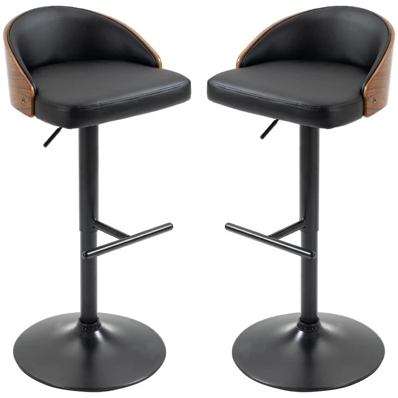 HOMCOM Barhocker 2er Set, Gepolstert Barstuhl aus Stahl und Massivholz, Höhenverstellbar Küchenstühle mit Fußstütze, 360° Drehbar, Tresenhocker für Küche, Wohnzimmer, Esszimmer, Schwarz+Kaffee