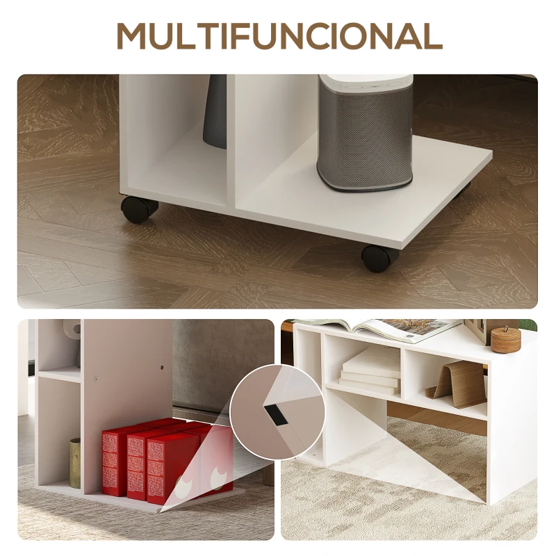 HOMCOM Mesa Auxiliar para Sofá Mesa Auxiliar en Forma de C con Ruedas Compartimentos Abiertos 40x30x69 cm Blanco