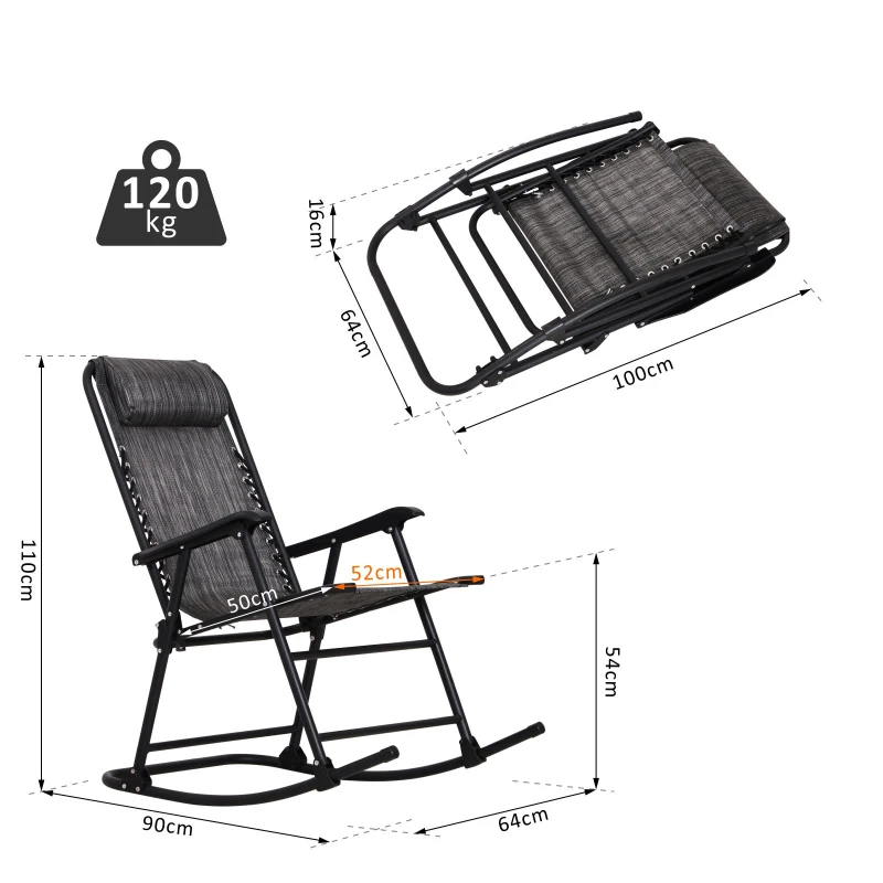 Outsunny Garten-Rockingsessel Klappbarer Rocking Chair dim. 90L x 64B x 110H cm Stahl Textilen Grau