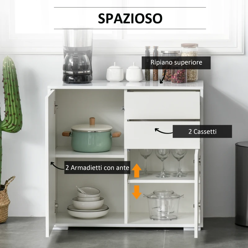 HOMCOM Mobiletto 2 Cassetti e 2 Ante, Apertura a Pressione, Mobile con 2 Cassetti e 2 Ante per Casa e Ufficio, 79x36x74cm, Bianco Opaco
