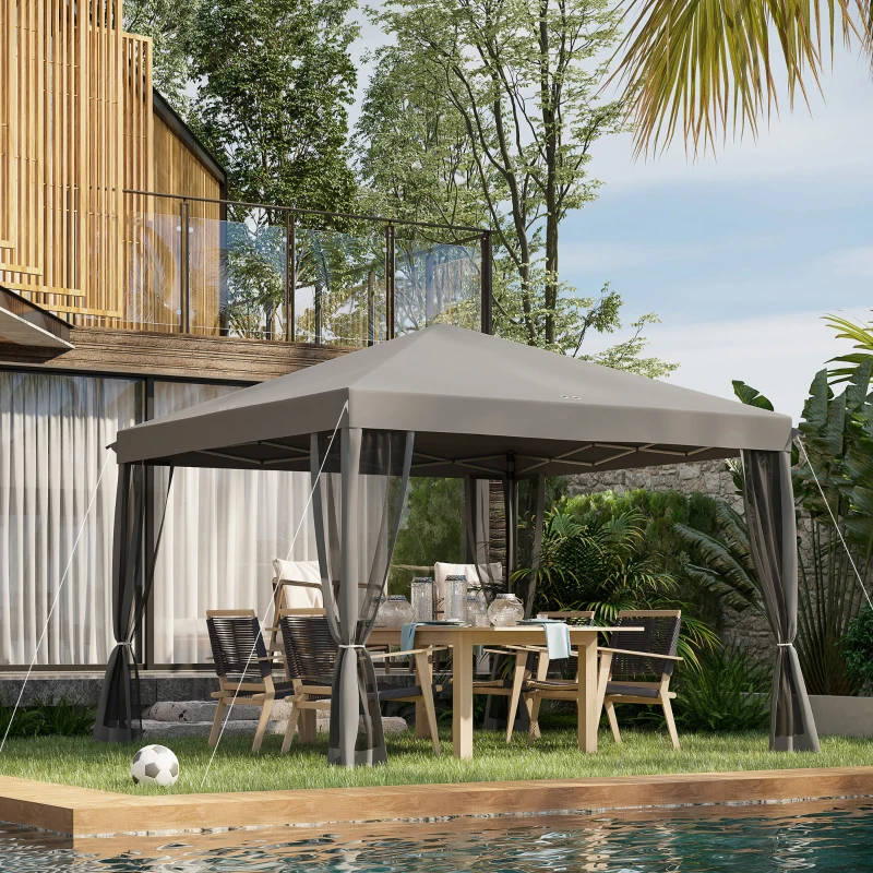 Outsunny 3 x 3 m Pop Up Gazebo, 420D Garden Tent Canopy with Removable Mesh Sidewall Netting, Carry Bag for Garden Patio Outdoor, Light Grey