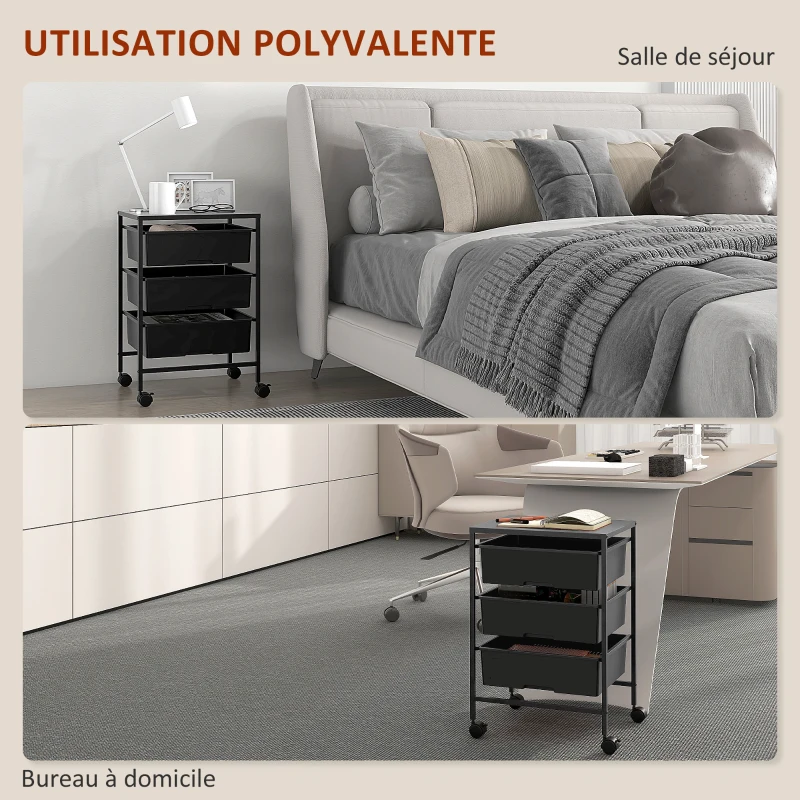 HOMCOM Desserte à roulettes, chariot de rangement à roulettes en acier chariot de service à 3 niveaux, plateau et 3 panier