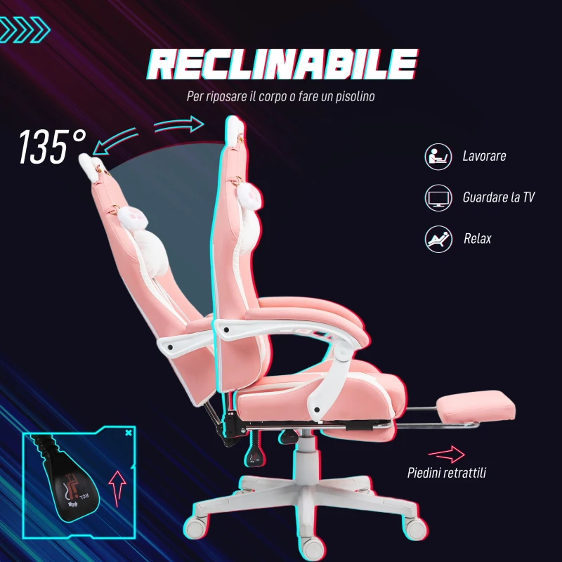 HOMCOM Sedia da Gaming Ergonomica con Orecchie da Gatto, Poggiapiedi, Supporto Lombare e Cervicale, Rosa