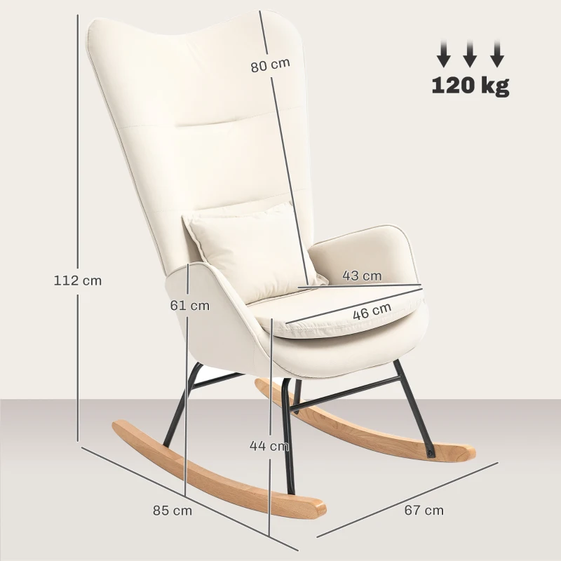 HOMCOM Fauteuil à bascule, revêtement doux en velours, avec coussin lombaire, jusqu'à 120 kg, 67 x 85 x 112 cm, Crème
