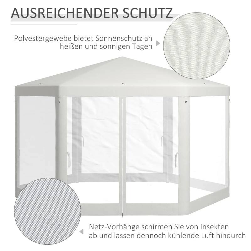 Outsunny Gartenpavillon, 6-eckig, Netzvorhänge, Metallgestell, 3,94x3,412x2,5m, Creme