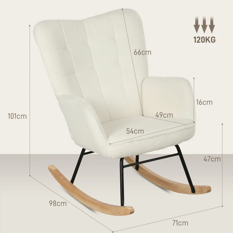 HOMCOM Fauteuil à Bascule en Aspect Berbervlies avec Accoudoirs, Fauteuil Ergonomique avec Patins en Bois, pour Salon, Chambre à Coucher, Blanc