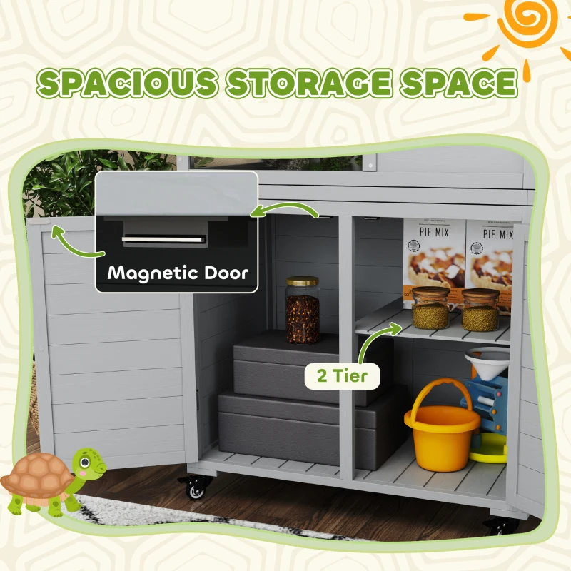 PawHut Wooden Tortoise House with Storage Cabinet, Openable Top, Lamp Holder, Windows, Light Grey