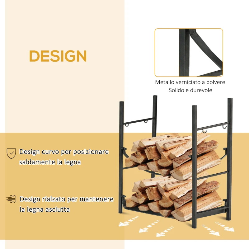 Outsunny Portalegna da Interno ed Esterno in Metallo a 2 Ripiani, Porta Legna per Interni con Supporti Rimovibili, Paletta, Scopa, Attizzatoio e Pinza, 44.5x29.5x73 cm, Nero