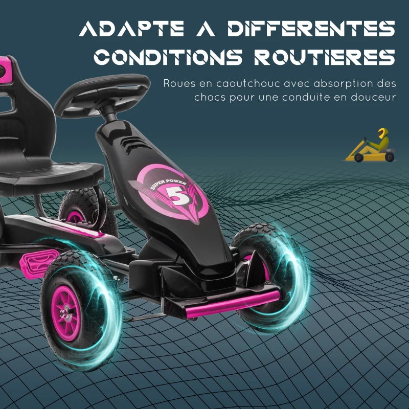 HOMCOM Kart à pédales pour enfant siège réglable 3 positions frein à main enfant de 5 à 12 ans rose noir