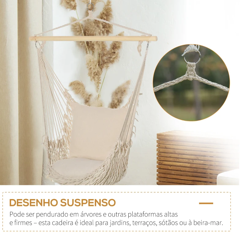 Outsunny Cadeira Suspensa Cadeira Rede Suspensa com 2 Almofadas de Algodão Barra de Madeira para Interior e Exterior 120x90 cm Creme