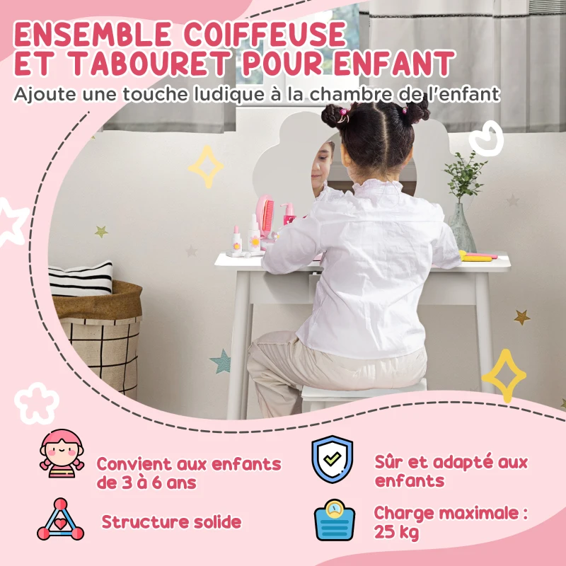 AIYAPLAY Ensemble coiffeuse pour enfant avec tabouret, coiffeuse 2 pièces pour enfants de 3 à 6 ans, miroir forme de nuage, blanc