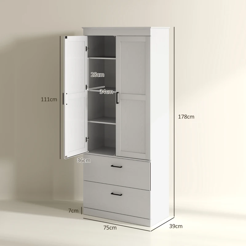 HOMCOM Armoire de cuisine indépendante avec étagères ajustables et deux larges tiroirs pour salon, cuisine, Blanc(m-3)