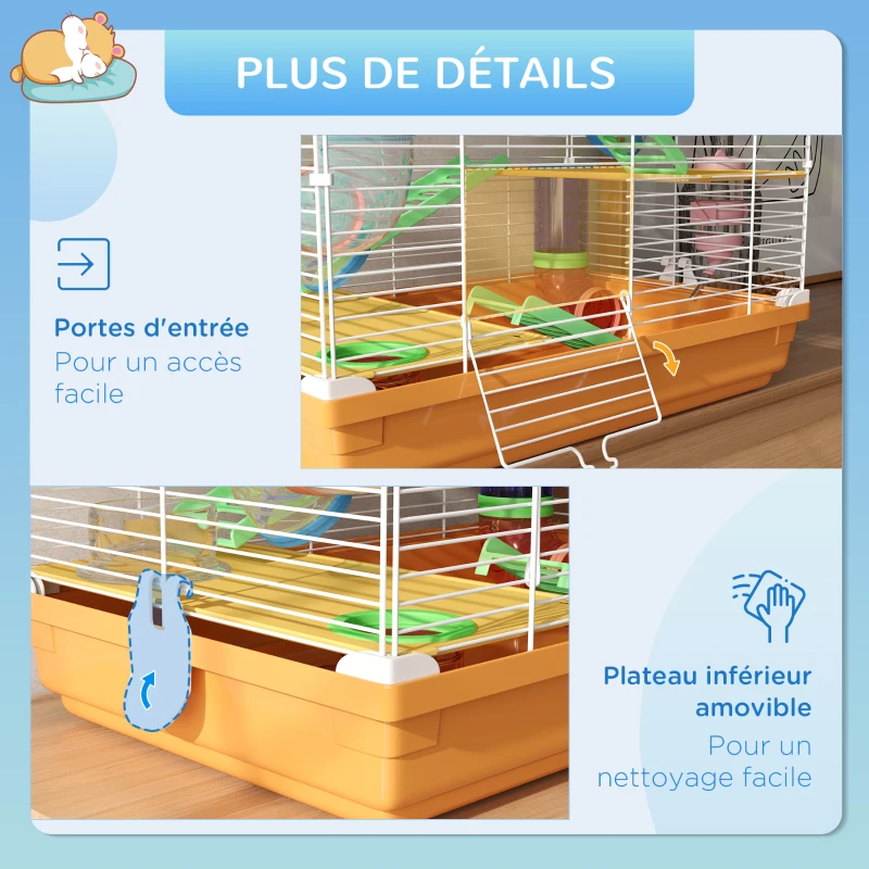 PawHut Cage pour hamster rongeur 4 étages avec tunnels mangeoire roue maison échelles dim. 46L x 30l x 58H cm orange(m-7)