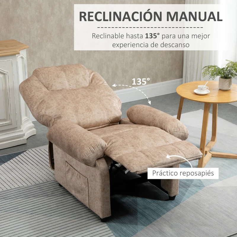 HOMCOM Sillón Relax Reclinable Manual Tapizado en Terciopelo Acolchado Sillón Relax con Reposapiés Retráctil y Bolsillos Laterales para Salón Oficina Dormitorio 88x91x108 cm Beige(m-4)
