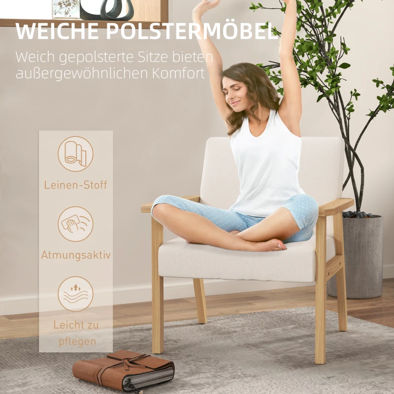 HOMCOM Polstersessel mit Armlehnen, Esszimmerstuhl in Leinenoptik, Massivholzrahmen, 64 x 70 x 72 cm, Creme
