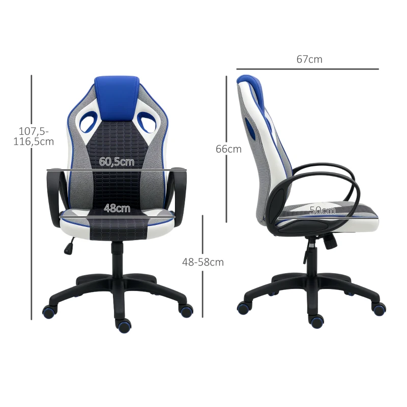 HOMCOM Cadeira Gaming com Altura Ajustável Suporte Lombar e Apoio para a Cabeça 60,5x67x107,5-116,5 cm Multicor