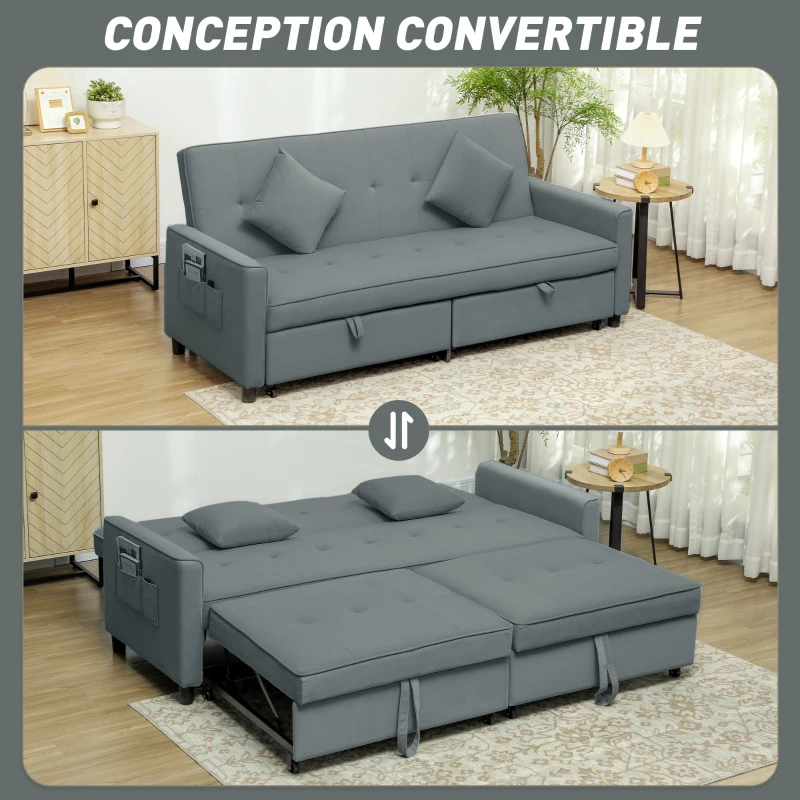 HOMCOM Canapé convertible 3 places canapé-lit clic-clac réversible avec dossier réglable et coussins, 196 x 90 x 89 cm, gris(m-4)
