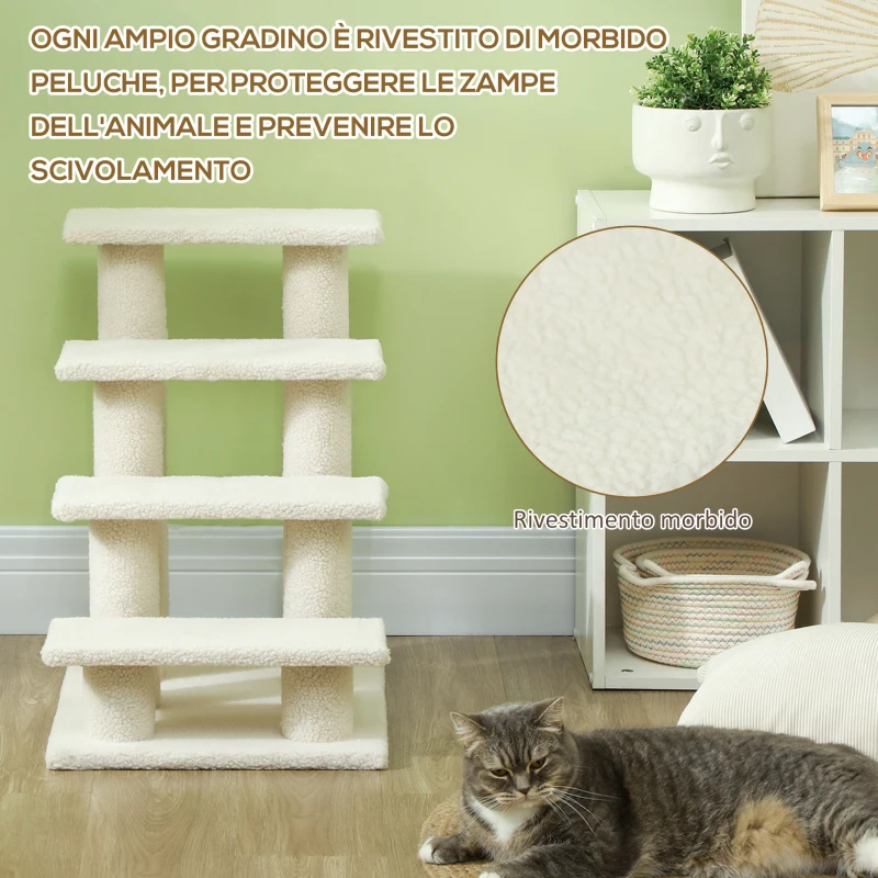 PawHut Scaletta per Cani e Gatti a 4 Gradini con Rivestimento in Peluche, Scala per Gatto e Animali Domestici Antiscivolo, Scalini per Cuccioli per Letto e Divano, 61x41x60cm Crema