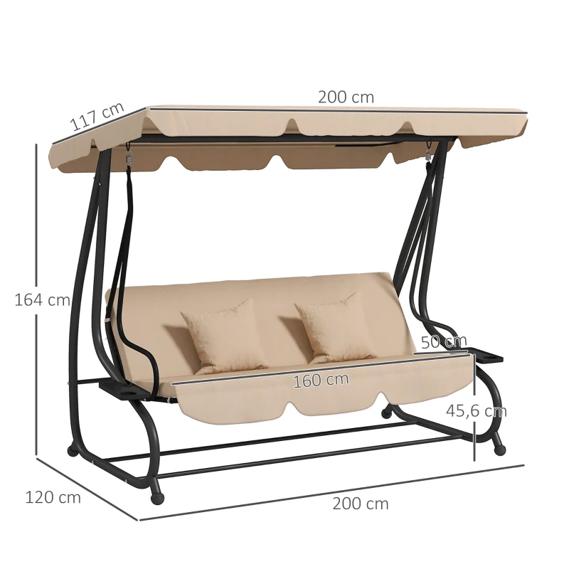 Outsunny Schaukelbank, 3-Sitzer Hollywoodschaukel, Gartenschaukel mit Getränkehaltern, Stahl, 200 x 120 x 164 cm, Braun(m-3)