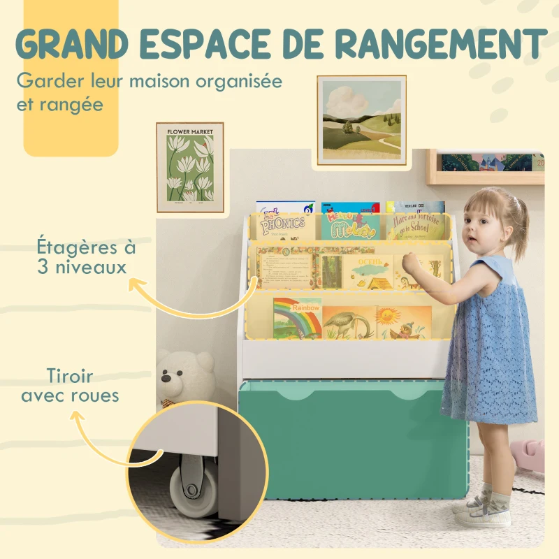 AIYAPLAY Bibliothèque pour enfants Multi-Rangement avec 3 niveaux d'étagères et un tiroir, 62,5L x 30l x 70H cm, vert