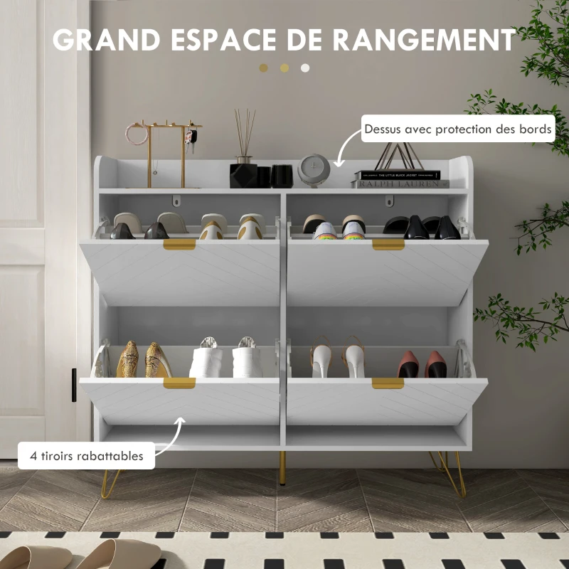 HOMCOM Meuble à chaussures 4 abattants, avec étagère réglable, rangement chaussure 106 x 24 x 102 cm, blanc(m-4)