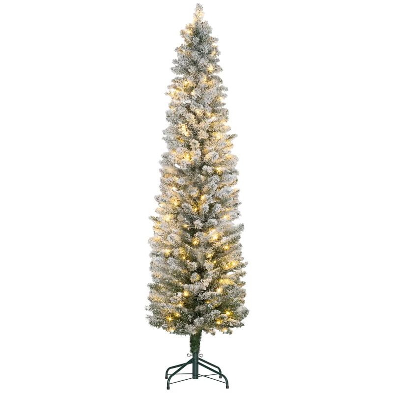 HOMCOM Sapin de Noël artificiel 180 cm avec éclairage LED blanc chaud, 329 branches enneigées, base en métal, réaliste et fin