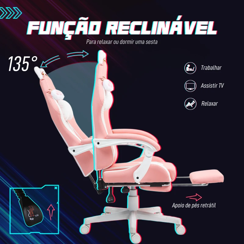 HOMCOM Cadeira Gaming com Orelhas Cadeira Gamer Reclinável com Altura Ajustável e Suporte Lombar 65x62x116-124 cm Rosa e Branco