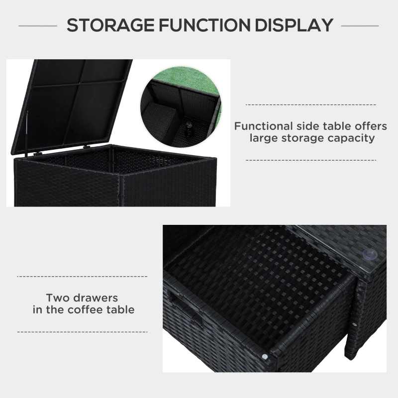 Outsunny 4 Pieces Rattan Garden Furniture Set, 4 Seater Corner Sofa Set with Storage Box, 2 Drawers Coffee Table, Loveseats with Cushions, Wicker Garden Conservatory Furniture for Balcony, Black