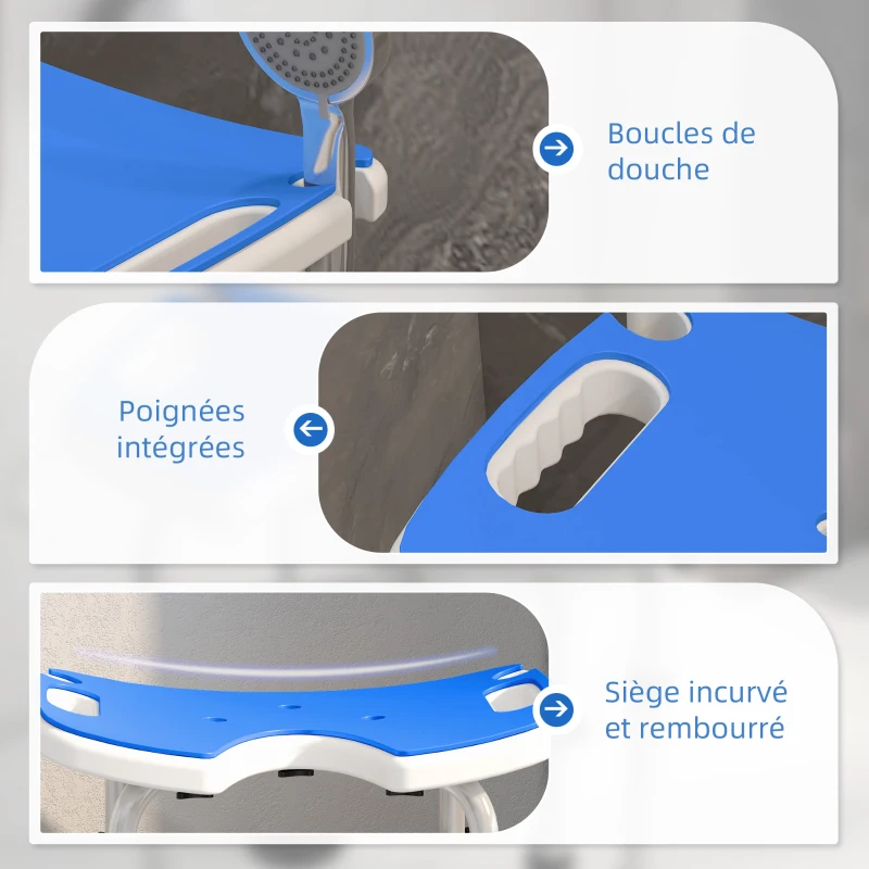 HOMCOM Tabouret de douche siège de douche hauteur ajustable 39-51,5 cm barre d'appui à ventouse patins à ventouse bleu foncé