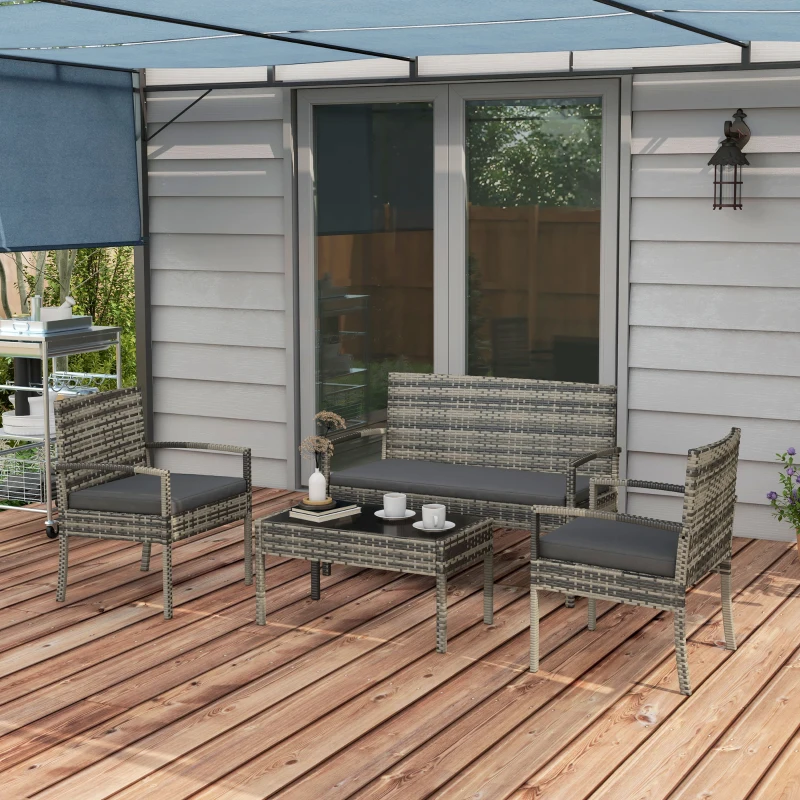 Outsunny Juego de 4 Piezas Muebles de Jardín con 2 Sillones 1 Sofá de 2 Plazas y 1 Mesa de Centro de Tablero de Vidrio Gris