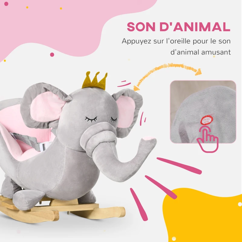HOMCOM Éléphant à bascule pour enfants cheval à bascule jouet à bascule bébé 18-36 mois - musique poignées ceinture de sécurité